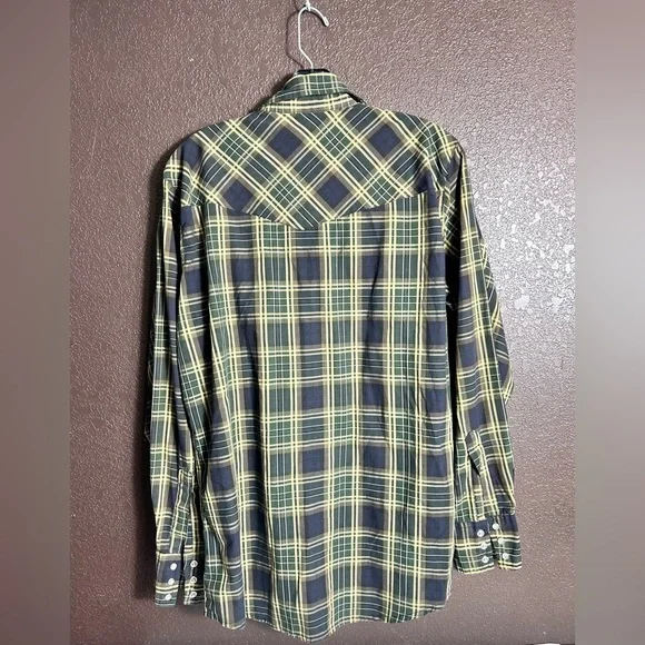 Men’s Med Casual Green, Navy and Yellow Pearl Snap Shirt - Picture 2 of 3